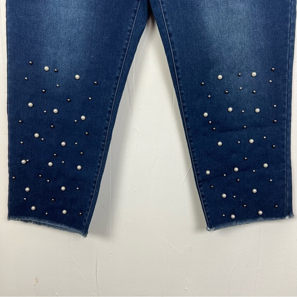 Lulu B Dark Wash Pearl Embellished Cropped Jeans Size 14 Pull On Stretch Capris - Picture 2 of 4